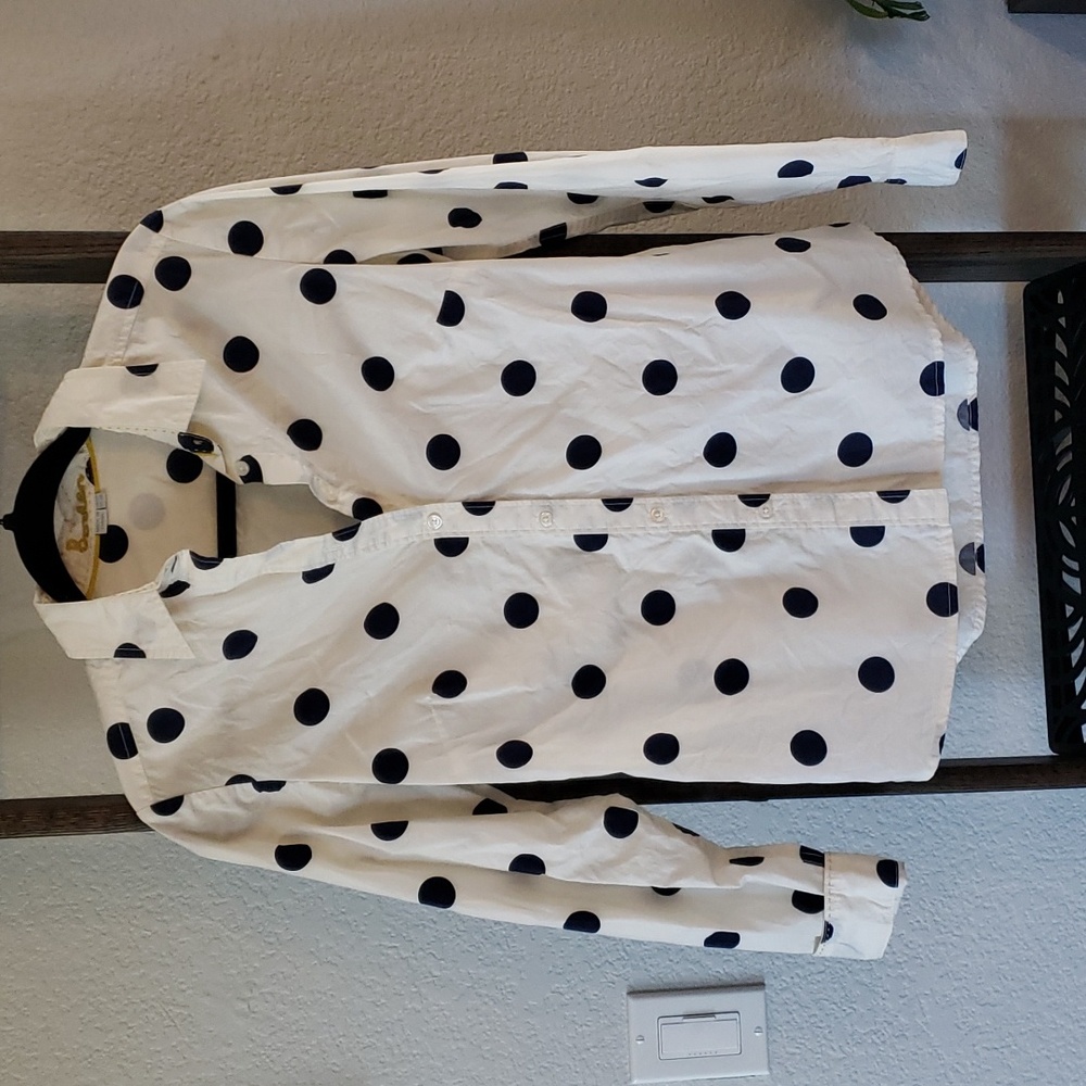 Boden Button Down Shirt Blue Polka Dots White Top Long Sleeves Womens 2R
